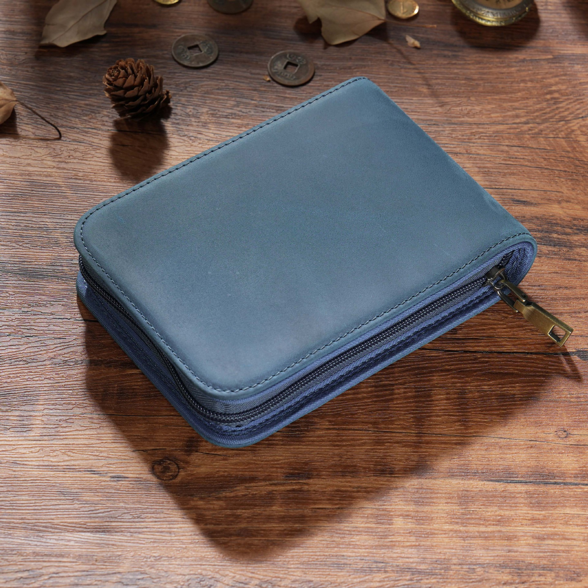 Blue 12-Slot Genuine Crazy Horse Leather Fountain Pen Case - Handcrafted Large Capacity Zippered Pen Organizer & Stationery Pouch - Image 1