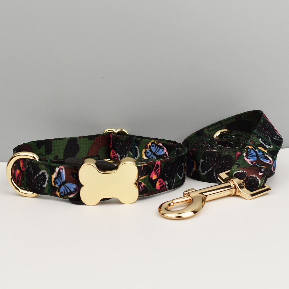 M Butterfly Patterned Dog Collar with Gold Metal Bone Buckle Adjustable Tribal & Leopard Print Neck Strap for Puppies & Dogs - Image 1