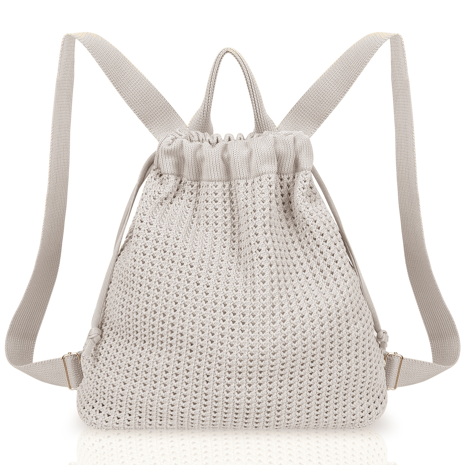 Grey Bohemian Crochet Knit Drawstring Backpack - Hand-Woven Versatile Tote & Shoulder Bag for Vacation, Travel, and Daily Use - Image 1