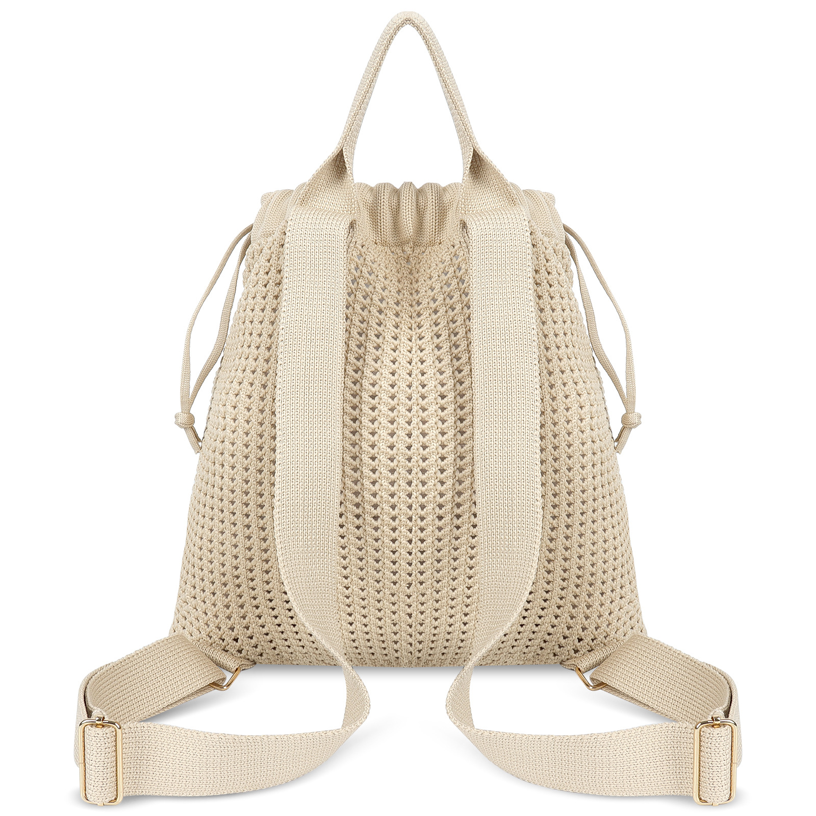 Khaki Bohemian Crochet Knit Drawstring Backpack - Hand-Woven Versatile Tote & Shoulder Bag for Vacation, Travel, and Daily Use - Image 3