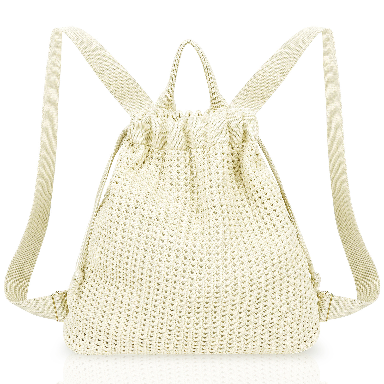 Beige Bohemian Crochet Knit Drawstring Backpack - Hand-Woven Versatile Tote & Shoulder Bag for Vacation, Travel, and Daily Use - Image 1