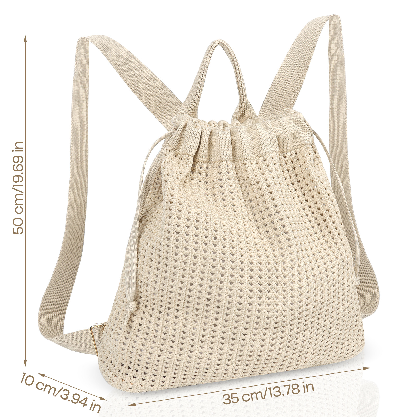 Beige Bohemian Crochet Knit Drawstring Backpack - Hand-Woven Versatile Tote & Shoulder Bag for Vacation, Travel, and Daily Use - Image 2
