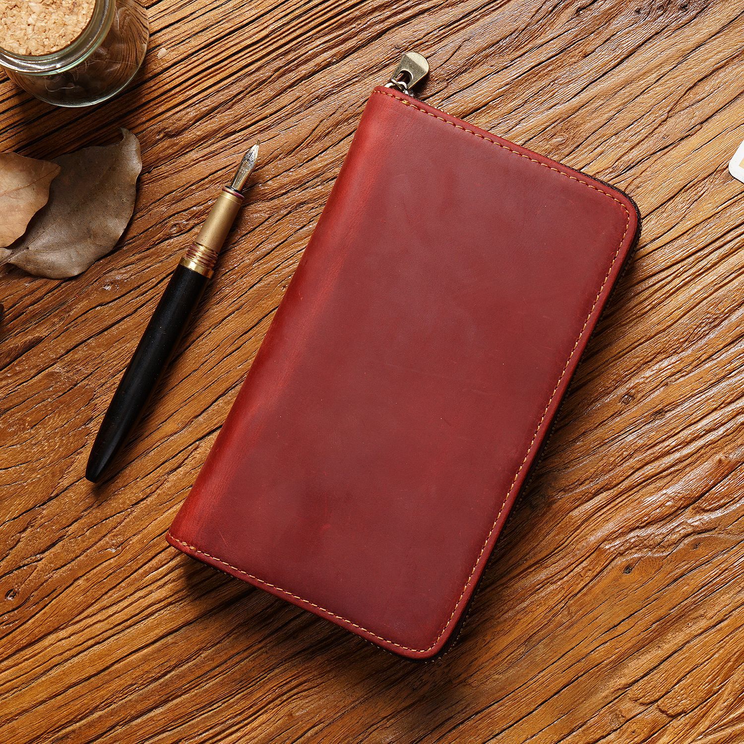 Wine Red Genuine Crazy Horse Leather Fountain Pen Case Zippered Organiser Pouch with 5 Elastic Loops & Mesh Pocket Vintage Stationery Holder - Image 1