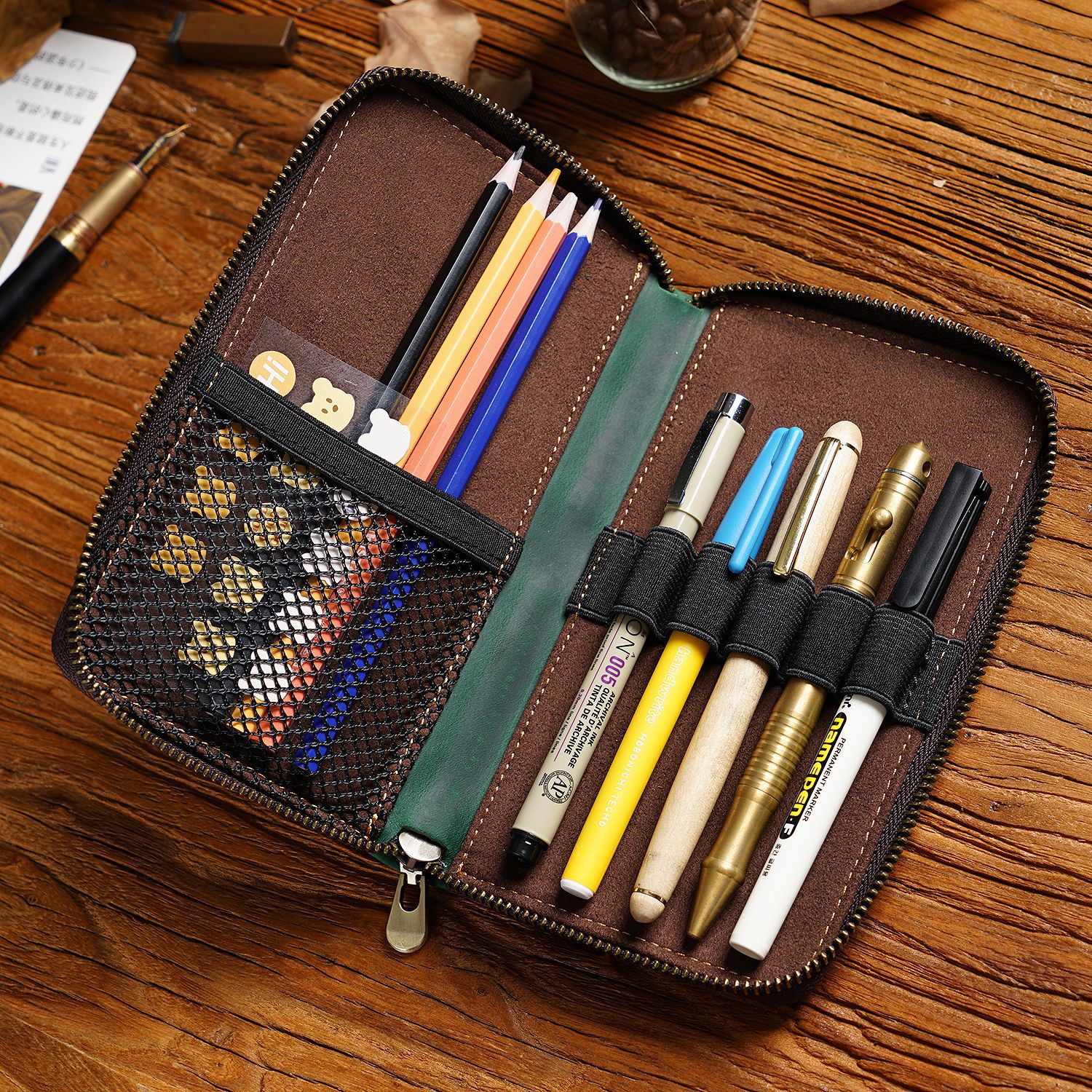 Wine Red Genuine Crazy Horse Leather Fountain Pen Case Zippered Organiser Pouch with 5 Elastic Loops & Mesh Pocket Vintage Stationery Holder - Image 3