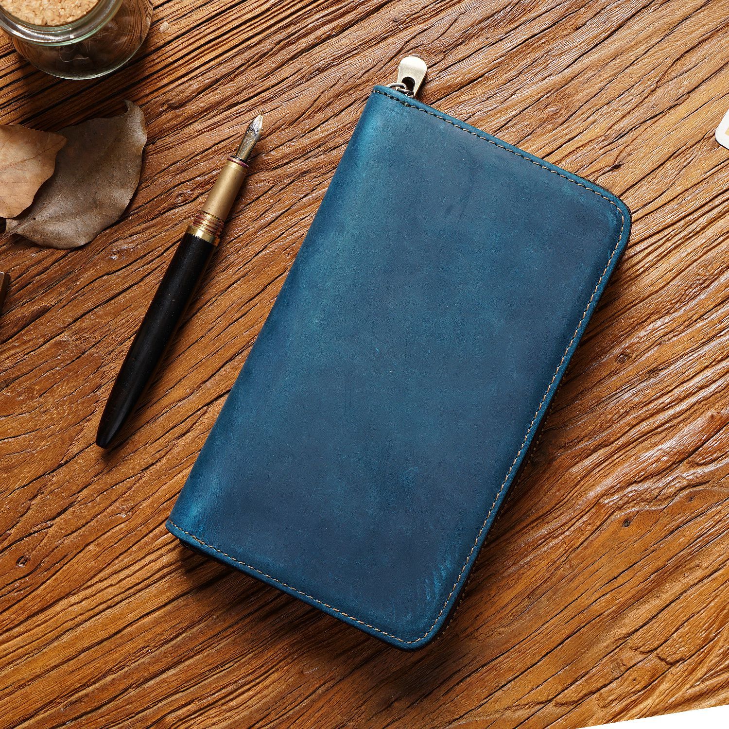 Blue Genuine Crazy Horse Leather Fountain Pen Case Zippered Organiser Pouch with 5 Elastic Loops & Mesh Pocket Vintage Stationery Holder - Image 1