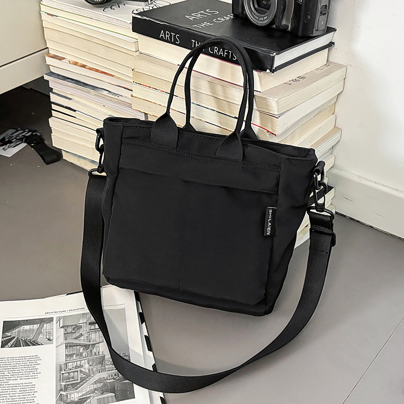 Black Lightweight Nylon Grid Tote Bag - Versatile Multi-Compartment Shoulder and Crossbody Bag for Daily Commute and Casual Travel - Image 1