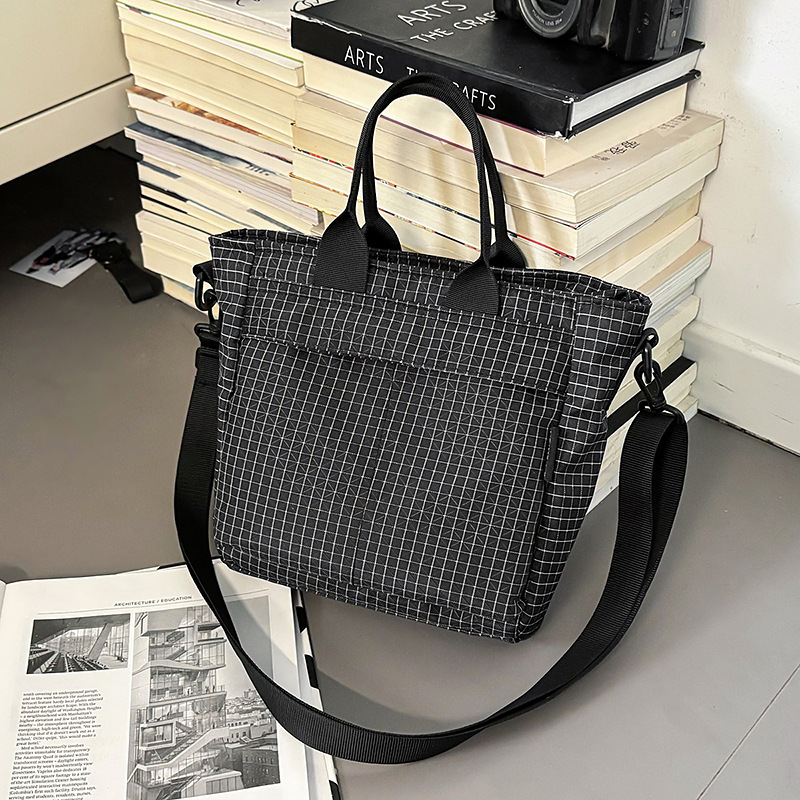 Black Plaid Lightweight Nylon Grid Tote Bag - Versatile Multi-Compartment Shoulder and Crossbody Bag for Daily Commute and Casual Travel - Image 1
