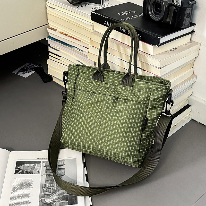 Green Plaid Lightweight Nylon Grid Tote Bag - Versatile Multi-Compartment Shoulder and Crossbody Bag for Daily Commute and Casual Travel - Image 1