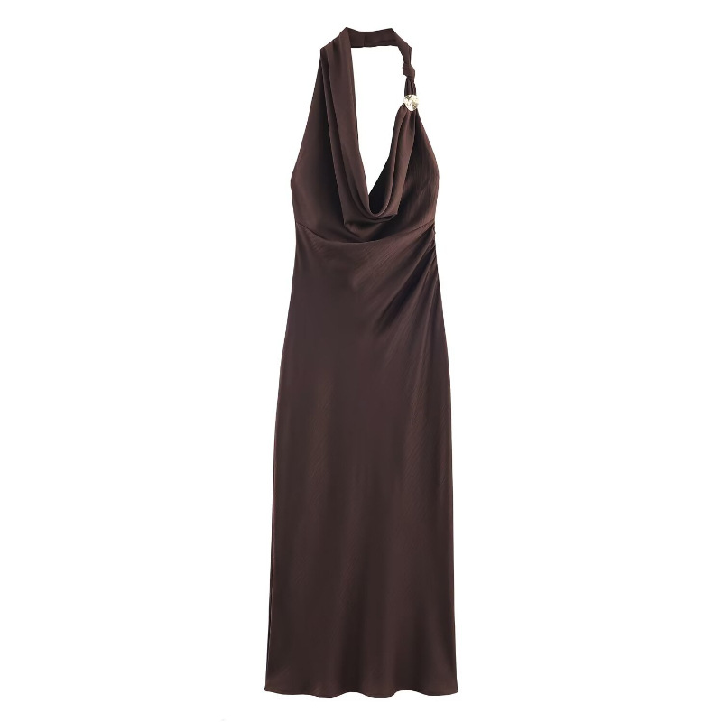 L Elegant Halter Neck Satin Midi Dress - Sexy Asymmetric Draped Evening Gown with Metal Hardware Accent for Women - Image 1