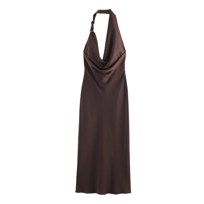 L Elegant Halter Neck Satin Midi Dress - Sexy Asymmetric Draped Evening Gown with Metal Hardware Accent for Women - Image 3