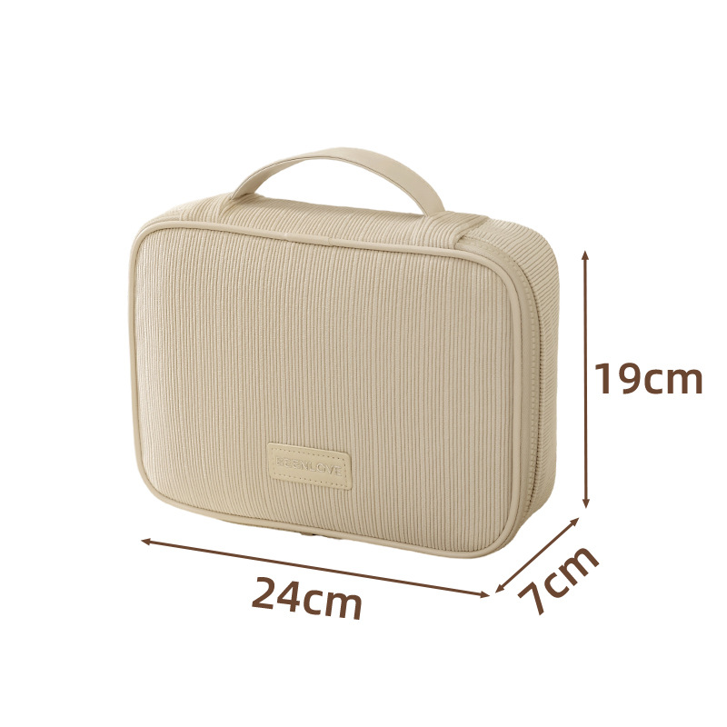 Beige Professional Large Capacity Travel Makeup Bag - Multifunctional Cosmetic Organizer with Dedicated Brush Slots and Portable Handle - Image 1