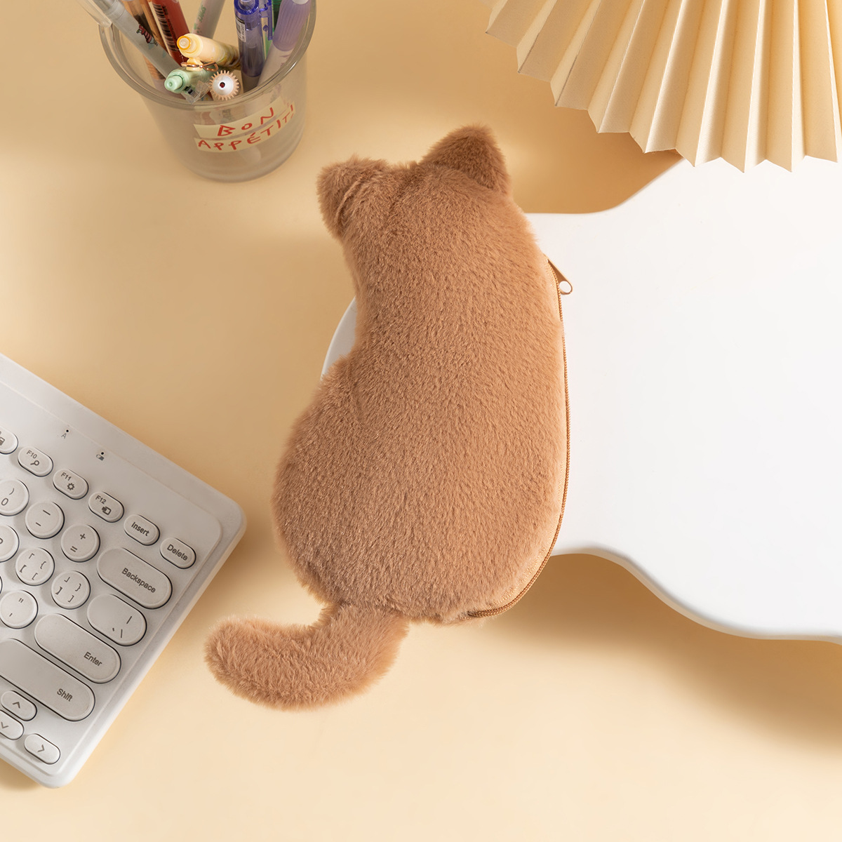 Khaki 3-Pack Adorable Plush Cat Pencil Case Set - Large Capacity Kawaii Kitty Shape Stationery Pouch for School, Office and Students - Image 1