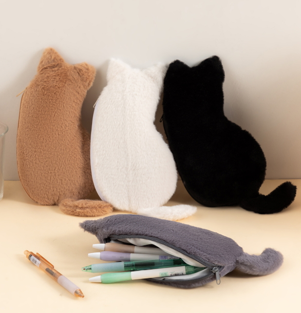 Khaki 3-Pack Adorable Plush Cat Pencil Case Set - Large Capacity Kawaii Kitty Shape Stationery Pouch for School, Office and Students - Image 3