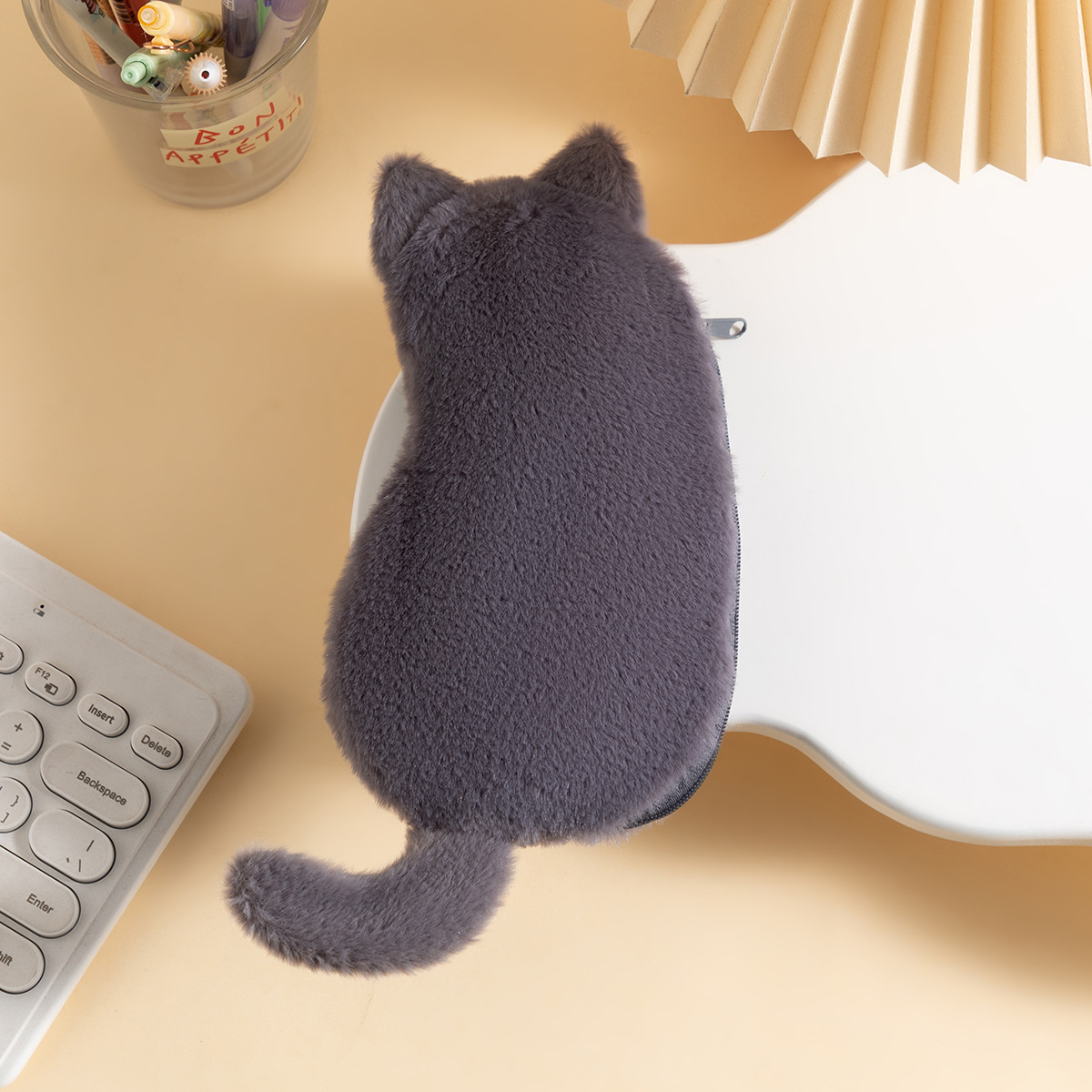 Grey 3-Pack Adorable Plush Cat Pencil Case Set - Large Capacity Kawaii Kitty Shape Stationery Pouch for School, Office and Students - Image 1