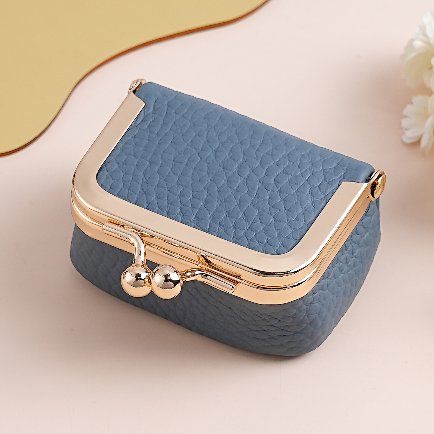 Blue Genuine Leather Mini Kiss-Lock Jewelry Pouch - Portable Travel Organizer for Rings, Earrings, Necklaces, and Coins - Image 1