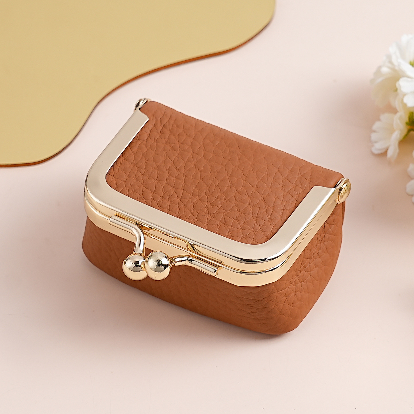Brown Genuine Leather Mini Kiss-Lock Jewelry Pouch - Portable Travel Organizer for Rings, Earrings, Necklaces, and Coins - Image 1