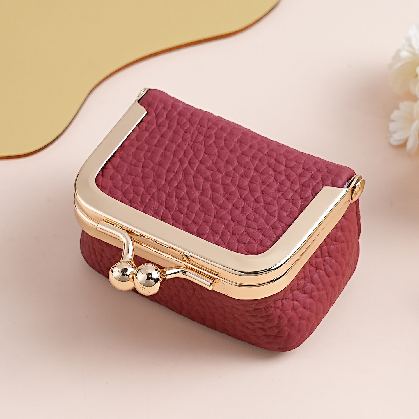 Wine Red Genuine Leather Mini Kiss-Lock Jewelry Pouch - Portable Travel Organizer for Rings, Earrings, Necklaces, and Coins - Image 1