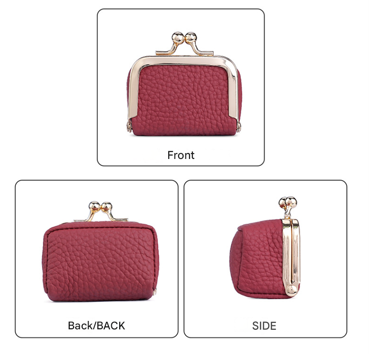 Wine Red Genuine Leather Mini Kiss-Lock Jewelry Pouch - Portable Travel Organizer for Rings, Earrings, Necklaces, and Coins - Image 3