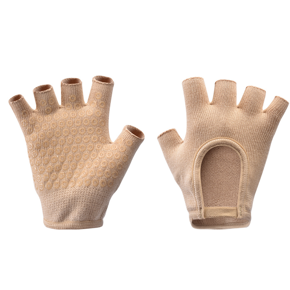 Beige 2-Pack Women's Non-Slip Yoga Gloves - Open Back Half Finger Cotton Stretchy Grip Gloves for Aerial Yoga, Pilates, and Fitness - Image 1