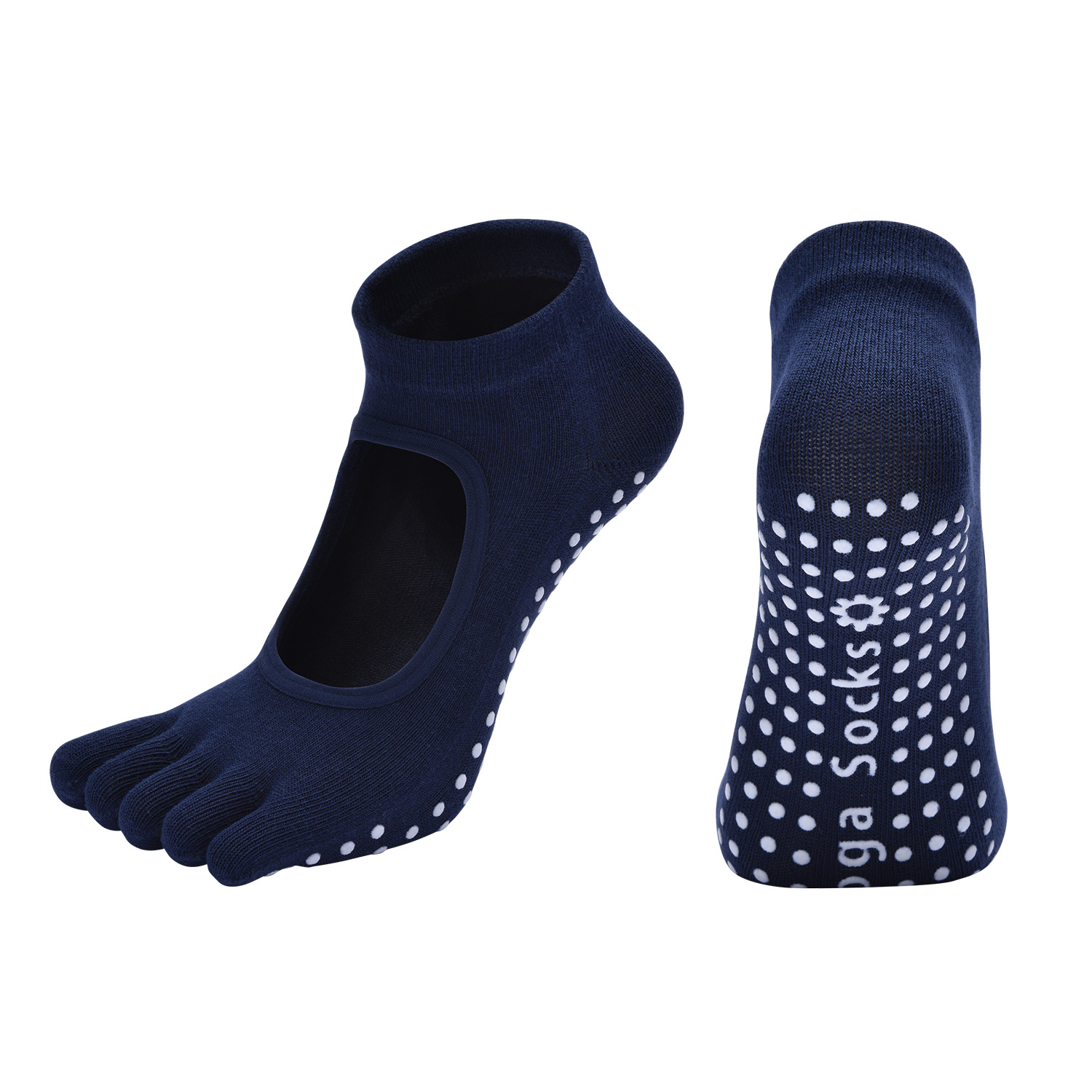Navy Blue 3-Pack Women's Non-Slip Five-Finger Yoga Socks - Open Back Combed Cotton Pilates & Fitness Grip Socks for Professional Exercise - Image 1