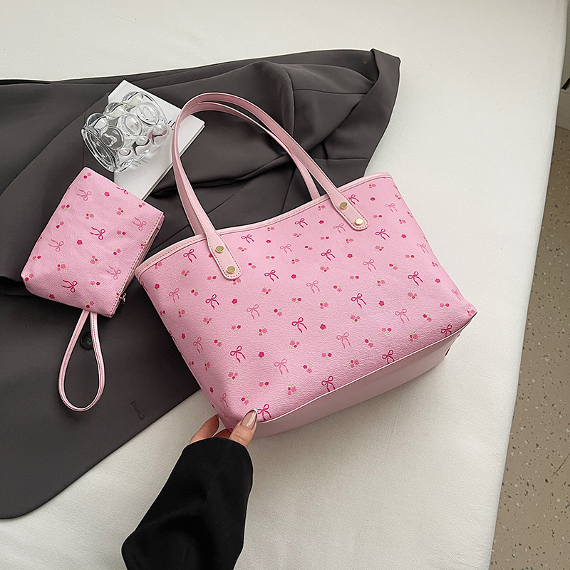 Pink Large Capacity Daily Commuter Tote Bag Set | Versatile Shoulder Handbag with Matching Pouch | 38cm Length Casual Carryall - Image 1