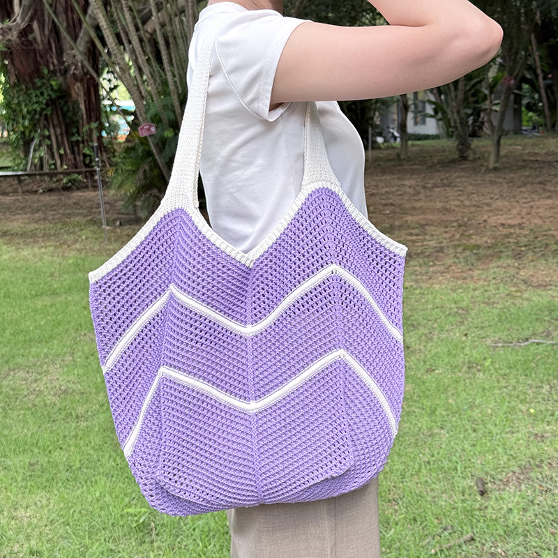 Purple Bohemian Chic Knit Tote Bag | Large Capacity Chevron Weave Shoulder Bag | Fashionable Casual Mesh Carryall - Image 1