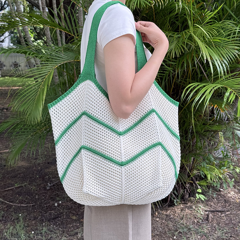 Green Bohemian Chic Knit Tote Bag | Large Capacity Chevron Weave Shoulder Bag | Fashionable Casual Mesh Carryall - Image 1