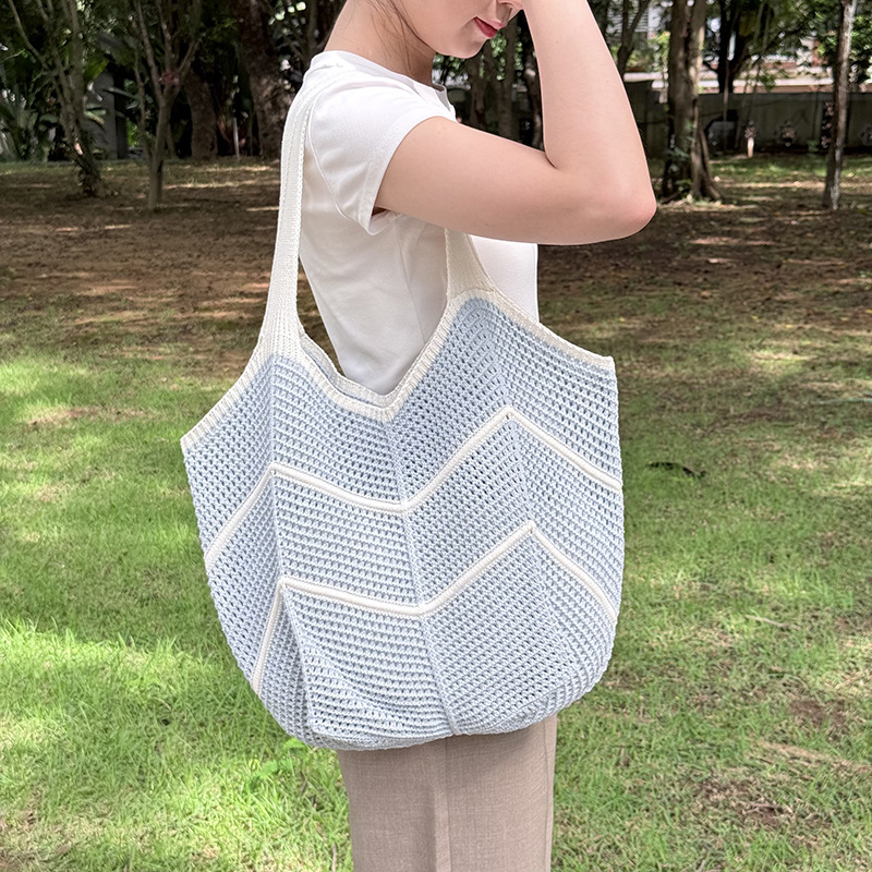 Blue Bohemian Chic Knit Tote Bag | Large Capacity Chevron Weave Shoulder Bag | Fashionable Casual Mesh Carryall - Image 1