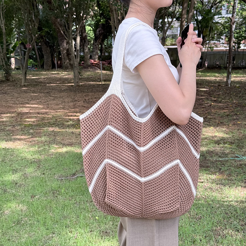 Coffee Bohemian Chic Knit Tote Bag | Large Capacity Chevron Weave Shoulder Bag | Fashionable Casual Mesh Carryall - Image 1