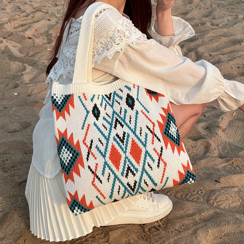 Beige Bohemian Tribal Print Knit Tote Bag | Large Capacity Woven Style Handbag | Fashion Ethnic Shoulder Carryall - Image 1