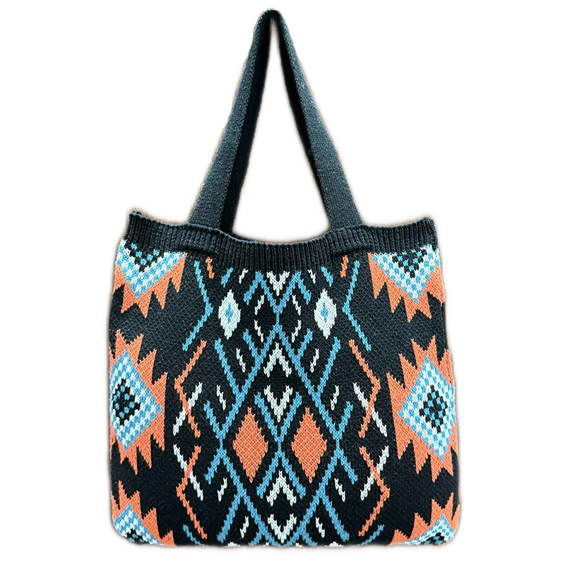 Black Bohemian Tribal Print Knit Tote Bag | Large Capacity Woven Style Handbag | Fashion Ethnic Shoulder Carryall - Image 1