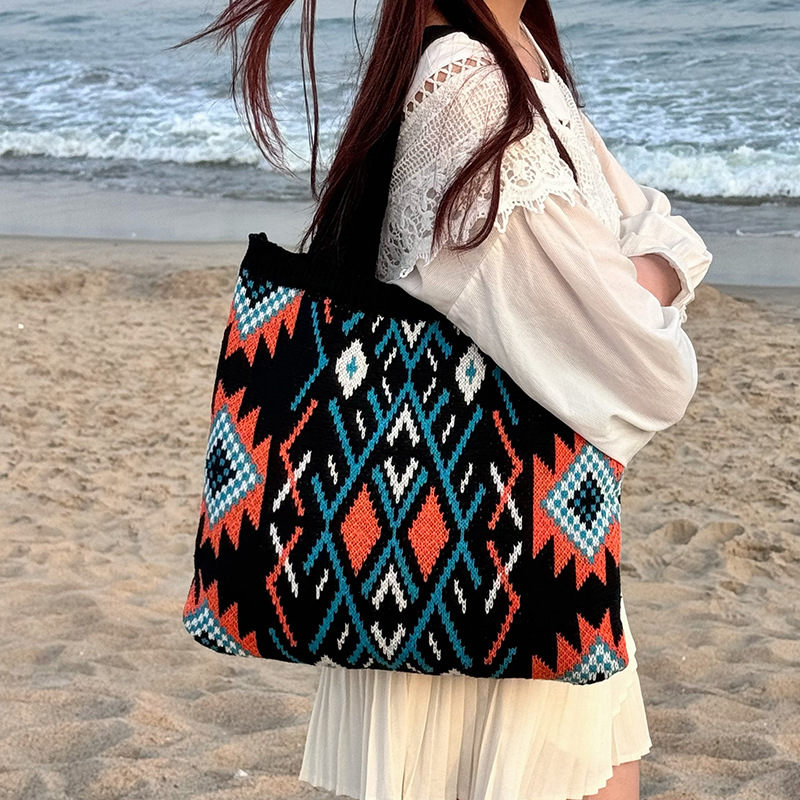 Black Bohemian Tribal Print Knit Tote Bag | Large Capacity Woven Style Handbag | Fashion Ethnic Shoulder Carryall - Image 2