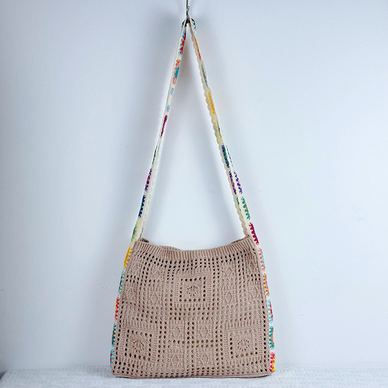 Light Khaki Chic Bohemian Hollow Knit Tote Bag | Large Capacity Crossbody Shoulder Bag | Versatile Casual Holiday Style - Image 1