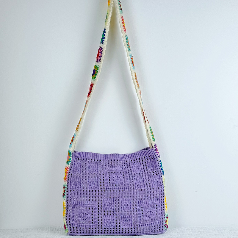 Purple Chic Bohemian Hollow Knit Tote Bag | Large Capacity Crossbody Shoulder Bag | Versatile Casual Holiday Style - Image 1