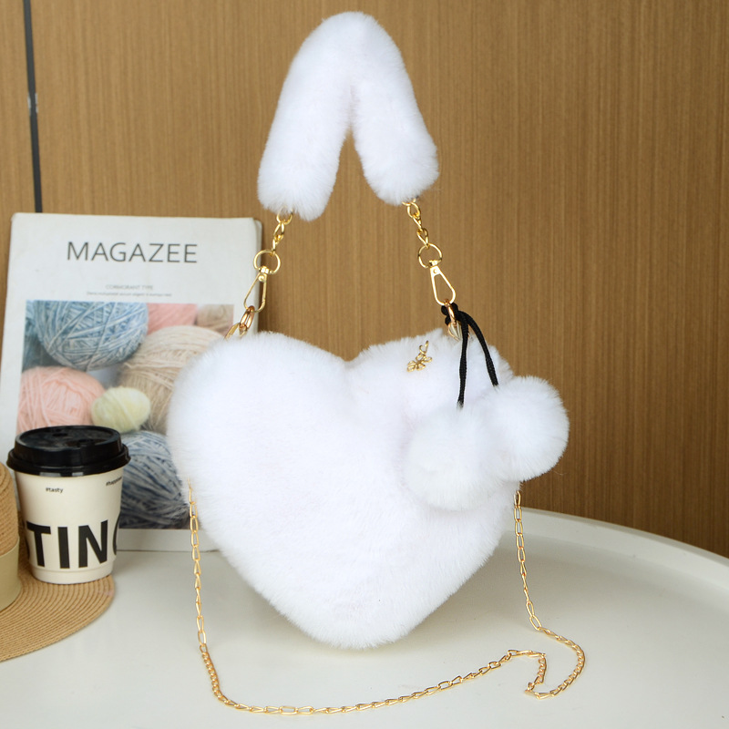 White 2PCS Luxury Faux Rabbit Fur Heart-Shaped Handbag | Adorable Plush Crossbody Shoulder Bag | Fashionable Statement Piece - Image 1