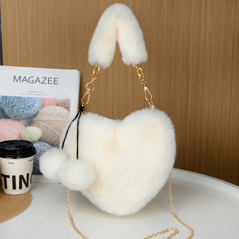 Beige 2PCS Luxury Faux Rabbit Fur Heart-Shaped Handbag | Adorable Plush Crossbody Shoulder Bag | Fashionable Statement Piece - Image 1