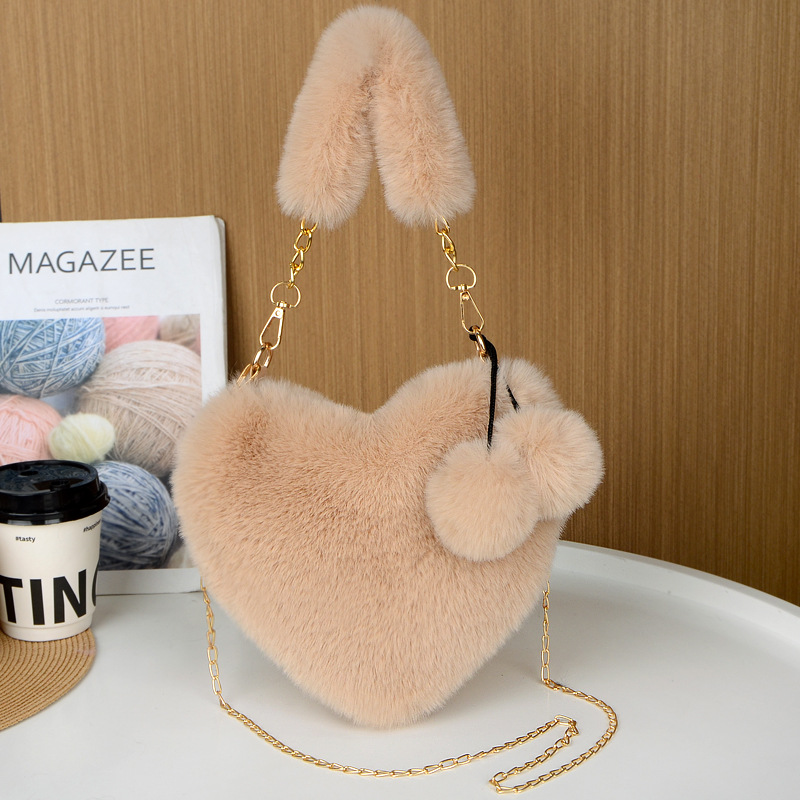 Khaki 2PCS Luxury Faux Rabbit Fur Heart-Shaped Handbag | Adorable Plush Crossbody Shoulder Bag | Fashionable Statement Piece - Image 1