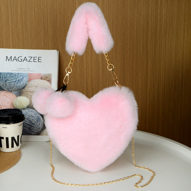 Pink 2PCS Luxury Faux Rabbit Fur Heart-Shaped Handbag | Adorable Plush Crossbody Shoulder Bag | Fashionable Statement Piece - Image 1