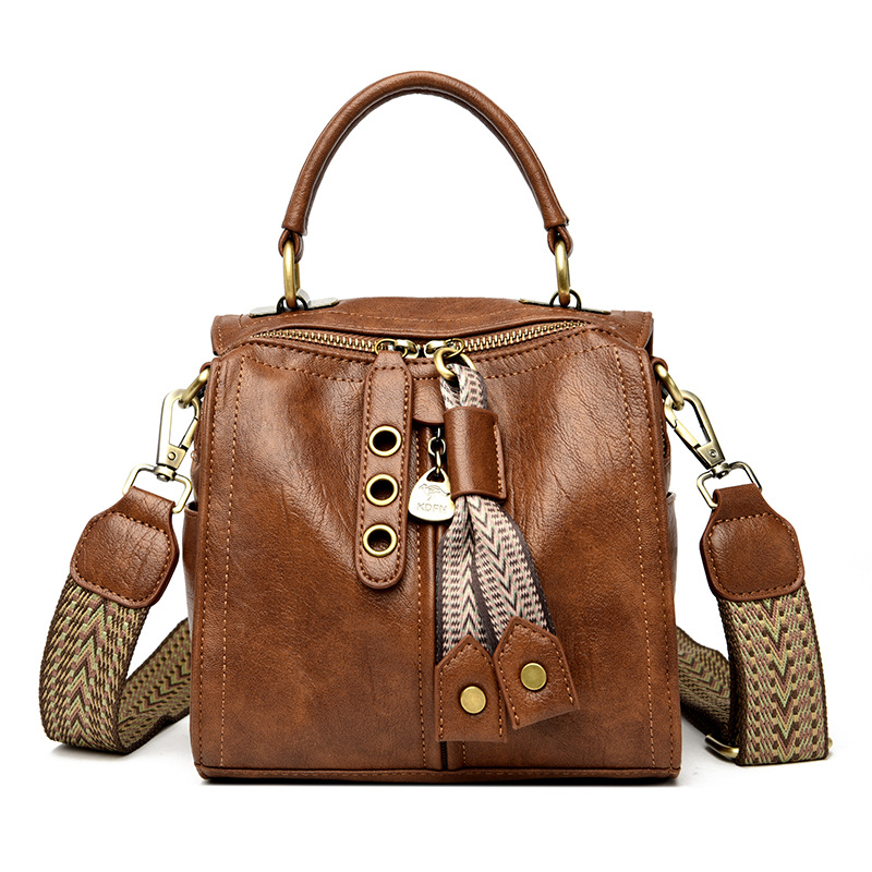 Brown Vintage Look PU Leather Box Bag | Stylish Top Handle Crossbody Tote | Multi-Carry Bucket Bag with Wide Strap - Image 1