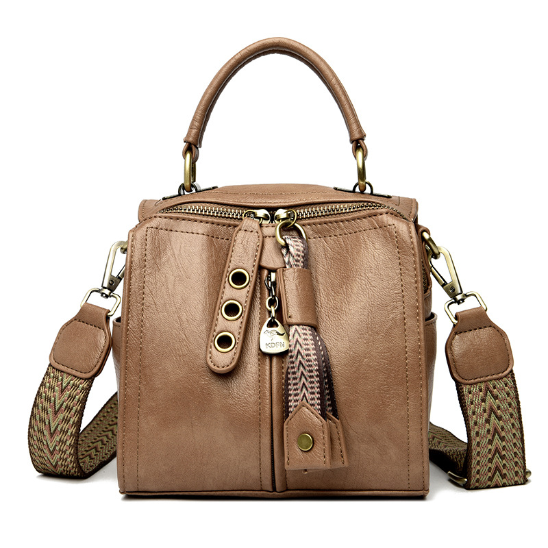 Khaki Vintage Look PU Leather Box Bag | Stylish Top Handle Crossbody Tote | Multi-Carry Bucket Bag with Wide Strap - Image 1