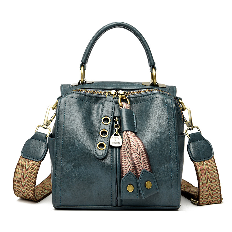 Blue Vintage Look PU Leather Box Bag | Stylish Top Handle Crossbody Tote | Multi-Carry Bucket Bag with Wide Strap - Image 1