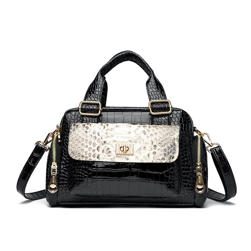 Black Luxurious Patterned Handbag | Structured Top Handle Shoulder Bag | Fashion Trend High-Gloss Tote - Image 1