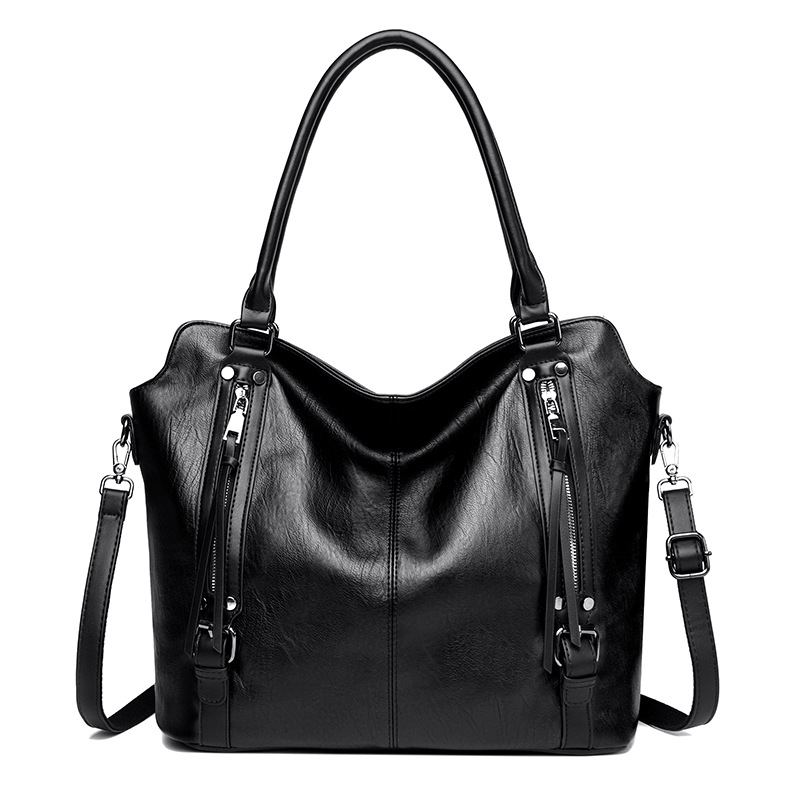 Black Vintage Soft PU Leather Tote Bag | Large Capacity Multi-Pocket Handbag | Convertible Shoulder & Crossbody Bag - Image 1