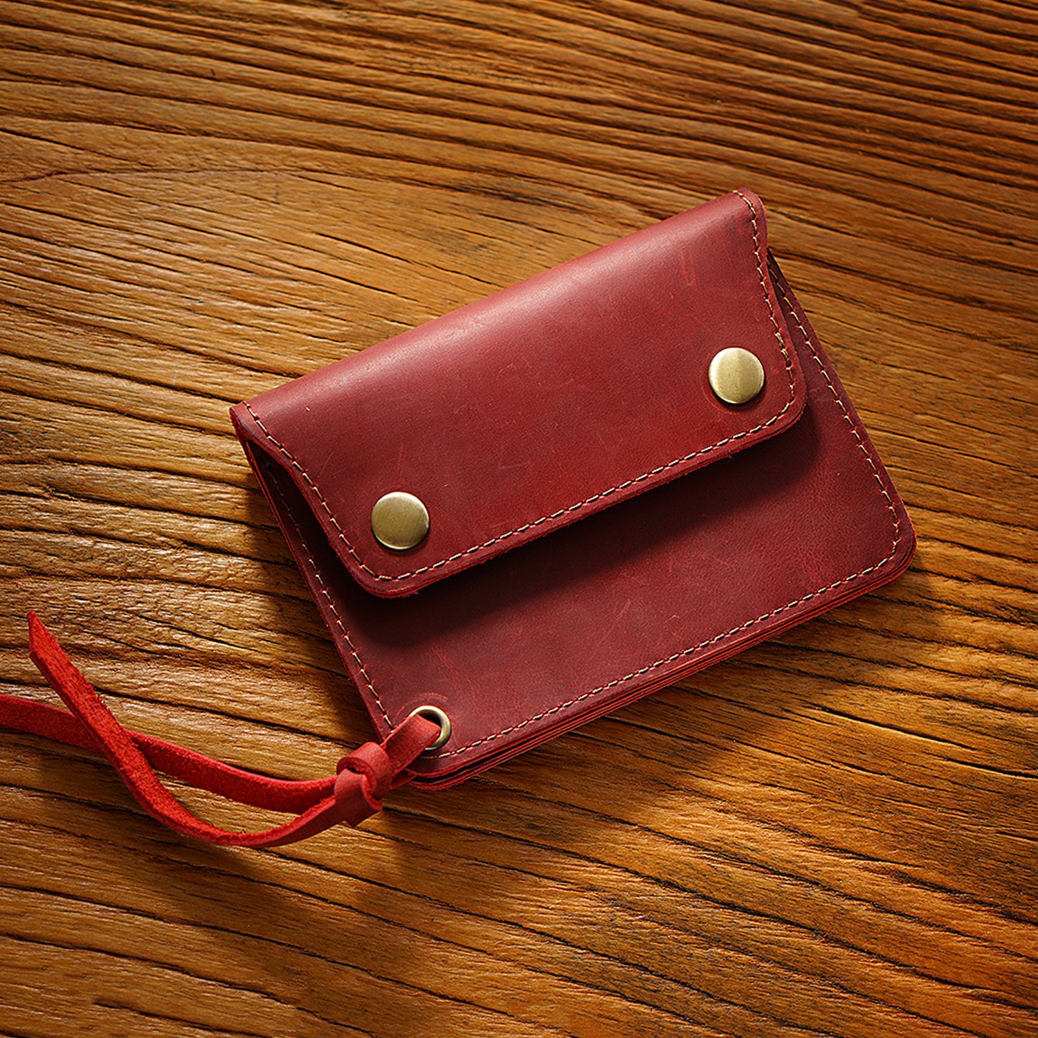Wine Red Handmade Crazy Horse Leather Wallet Vintage Coin Purse Zipper Card Holder with Strap Snap Closure Top Layer Cowhide 12cm - Image 1