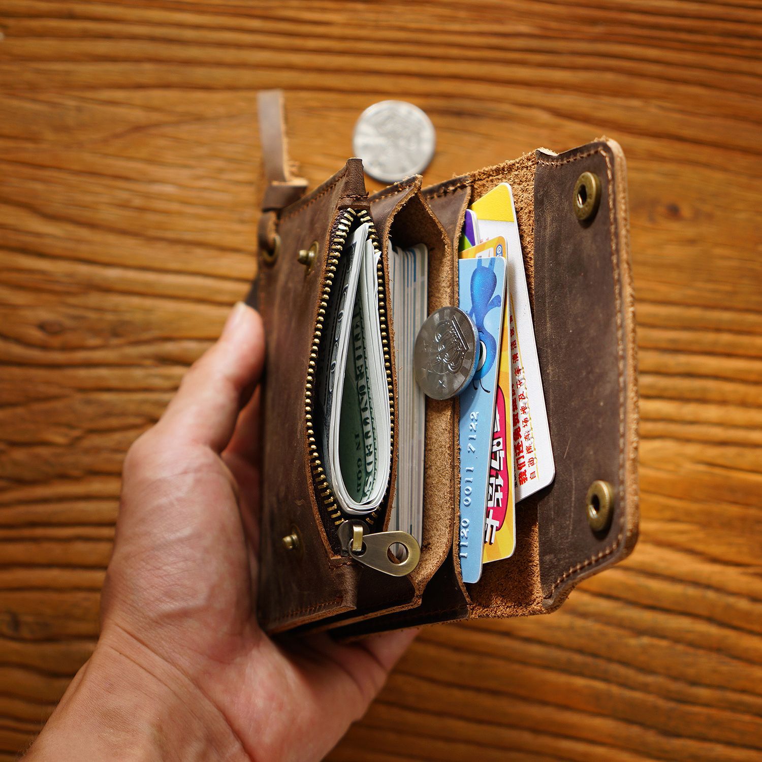 Wine Red Handmade Crazy Horse Leather Wallet Vintage Coin Purse Zipper Card Holder with Strap Snap Closure Top Layer Cowhide 12cm - Image 3