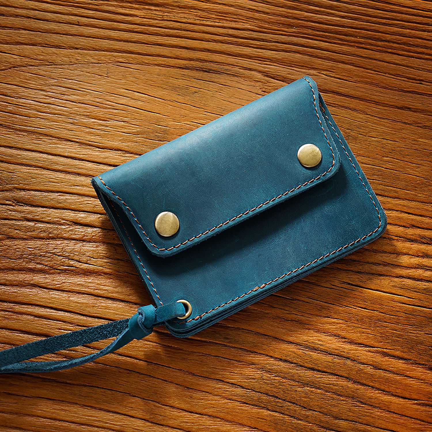 Blue Handmade Crazy Horse Leather Wallet Vintage Coin Purse Zipper Card Holder with Strap Snap Closure Top Layer Cowhide 12cm - Image 1
