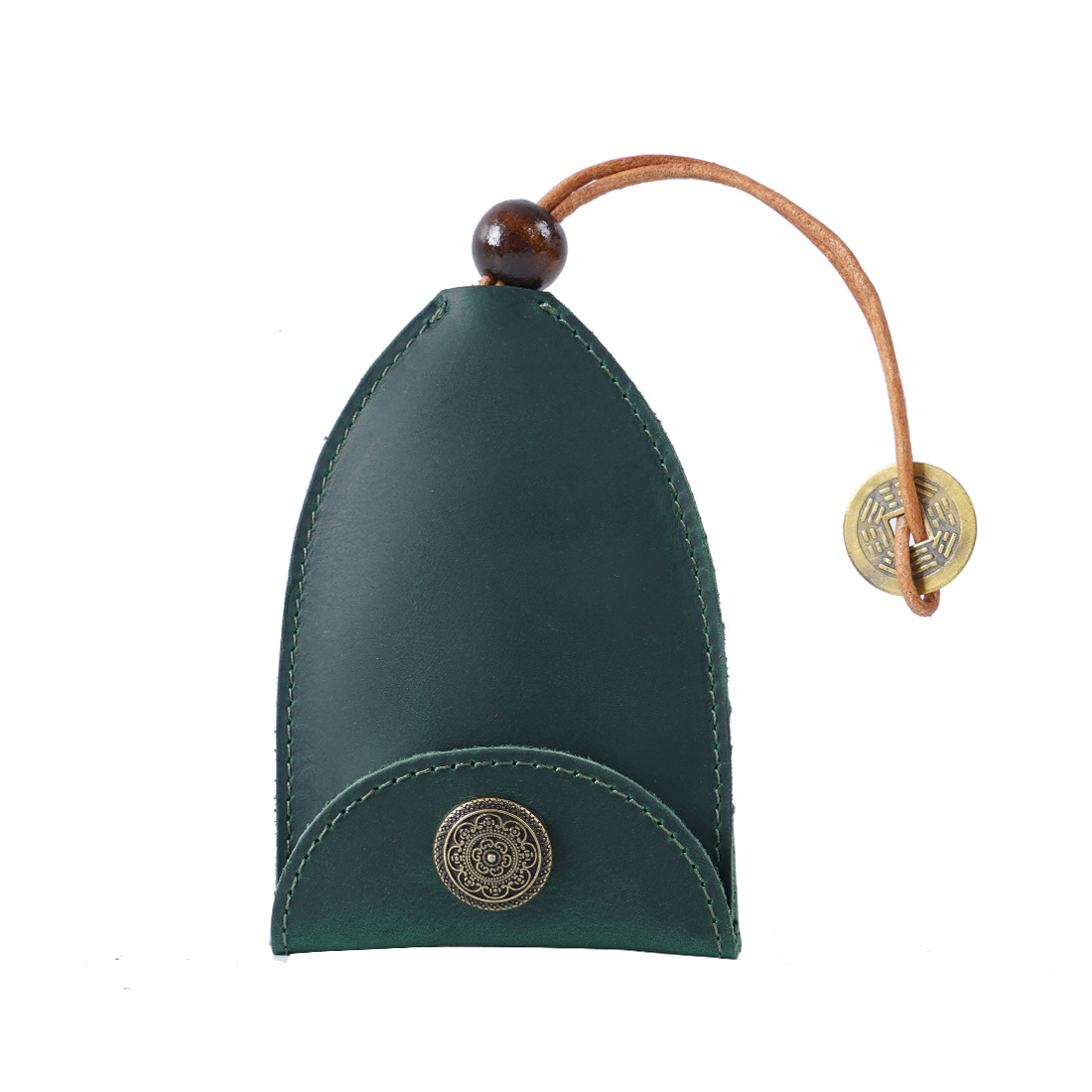Green Vintage Crazy Horse Leather Key Organizer - Handmade Pull-Out Car Key Case & Home Key Holder with Retro Coin Charm - Image 1