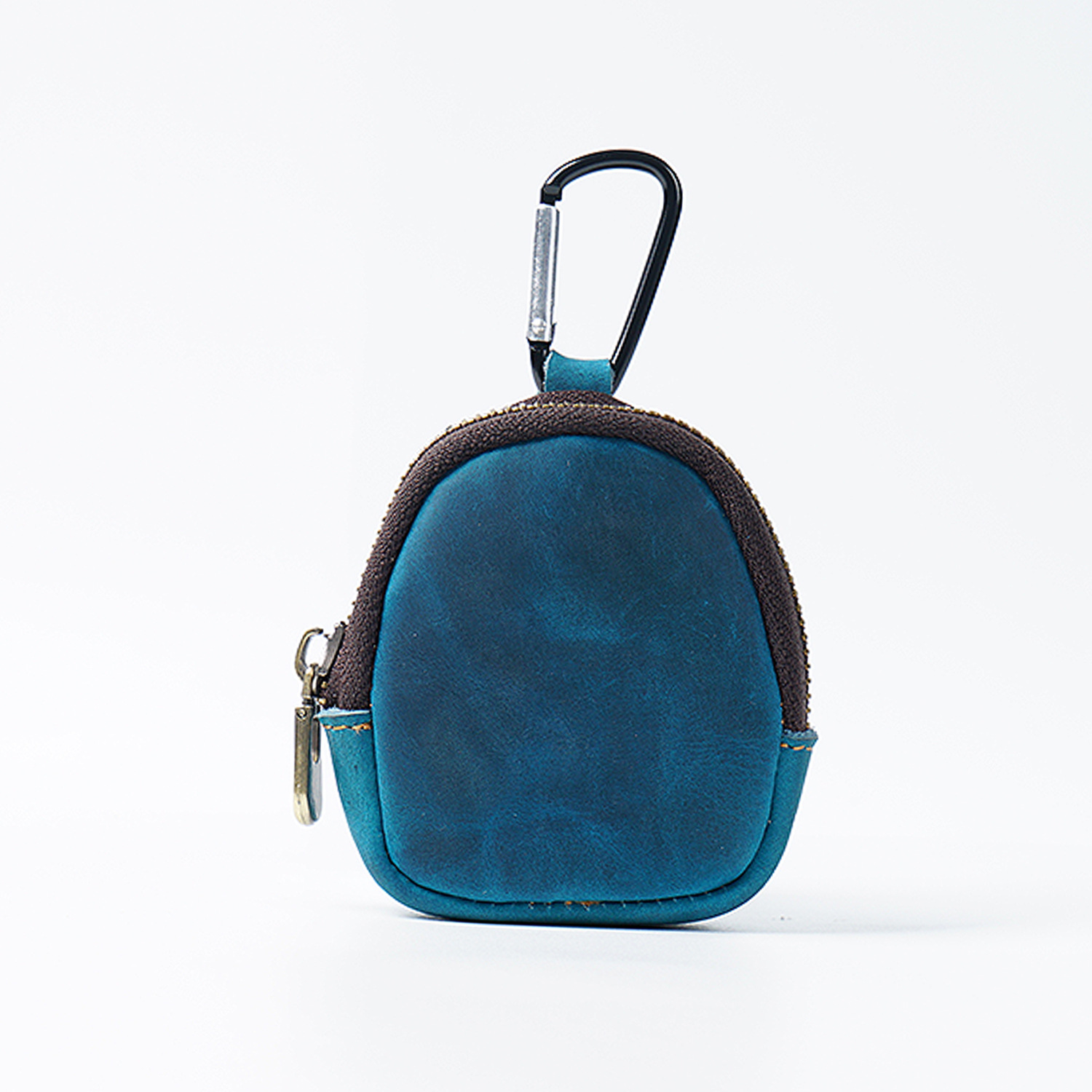 Blue Genuine Crazy Horse Leather Mini Coin Purse Zipper Shell Pouch Small Earphone Case Key Holder with Carabiner Clip 8.5cm for Travel - Image 1