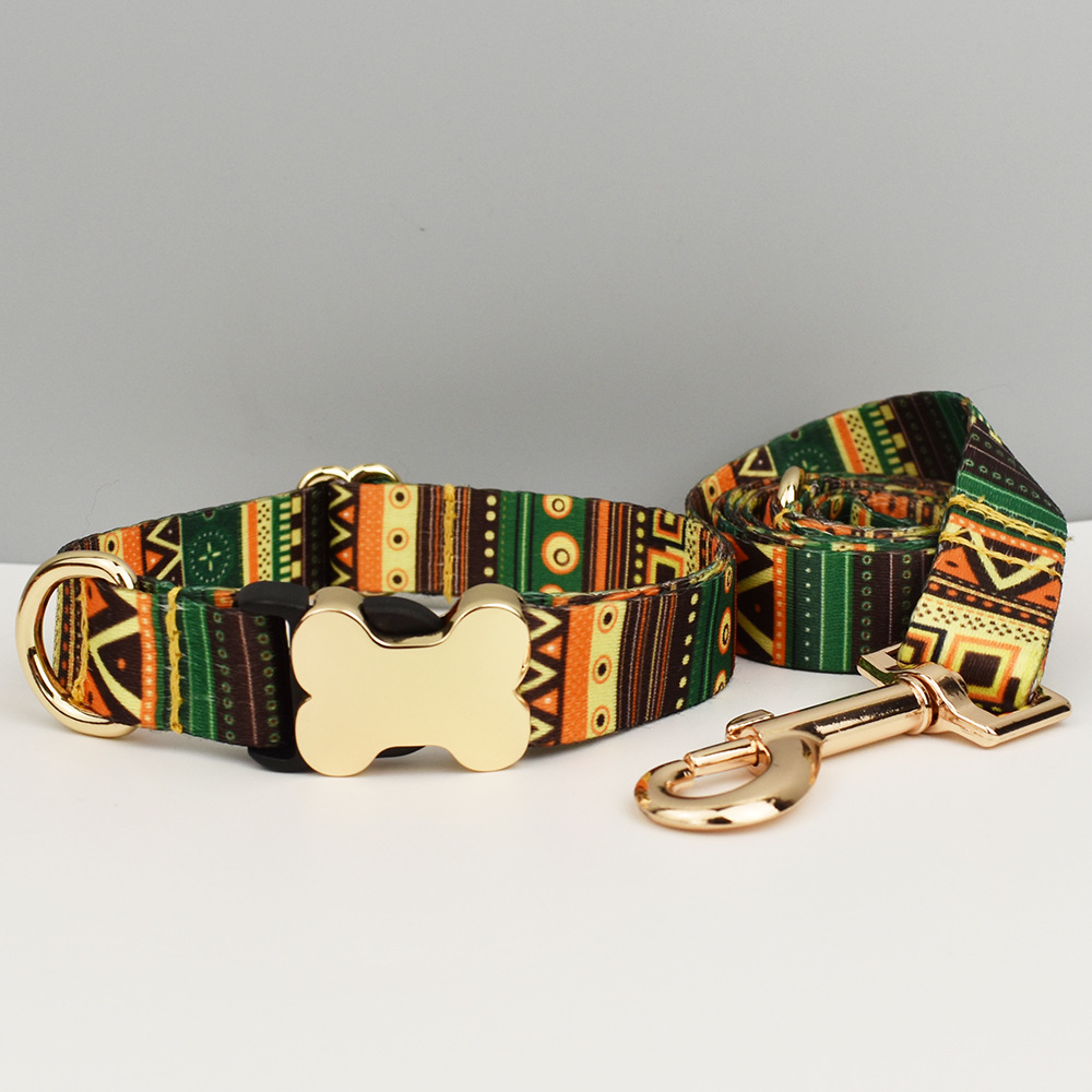 XL Green-yellow Print Boho Patterned Dog Collar with Gold Metal Bone Buckle Adjustable Tribal & Leopard Print Neck Strap for Puppies & Dogs - Image 1
