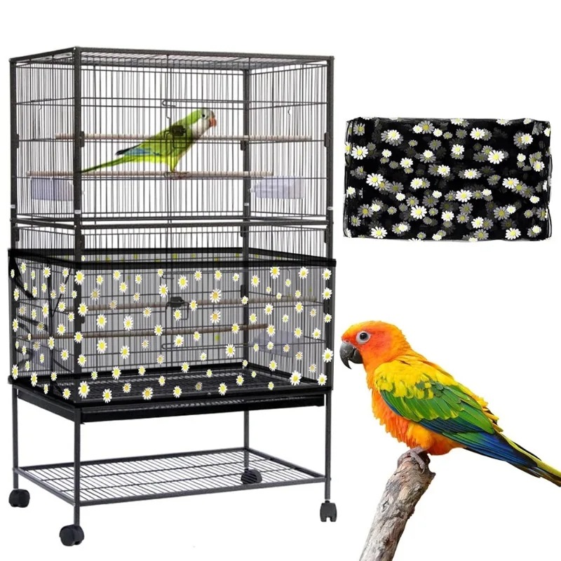 XL Black Flower【Height 37, Circumference 220】 Large Bird Cage Seed Catcher Net Cover - Adjustable Mesh Guard Splash-Proof Dust Cover for Indoor Outdoor Cages - Image 1